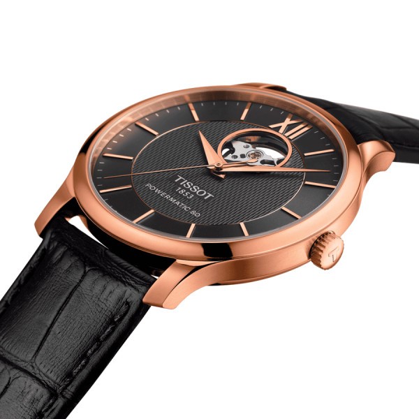Montre Tissot T-Classic Tradition Powermatic 80 Open Heart bracelet cuir noir 40 mm T063.907.36.068.00