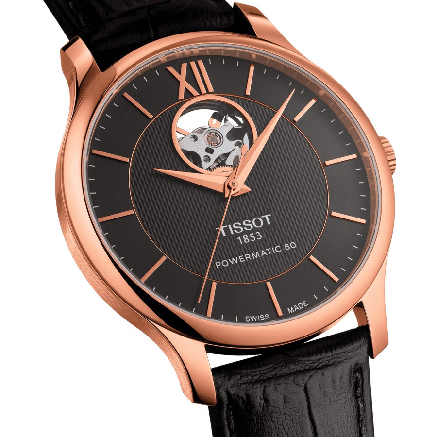 Montre Tissot T-Classic Tradition Powermatic 80 Open Heart bracelet cuir noir 40 mm T063.907.36.068.00