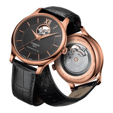 Montre Tissot T-Classic Tradition Powermatic 80 Open Heart bracelet cuir noir 40 mm T063.907.36.068.00