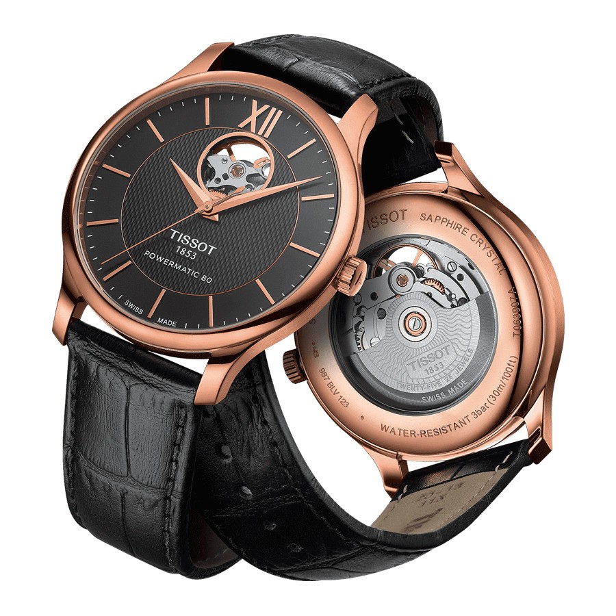 Montre Tissot T-Classic Tradition Powermatic 80 Open Heart bracelet cuir noir 40 mm T063.907.36.068.00