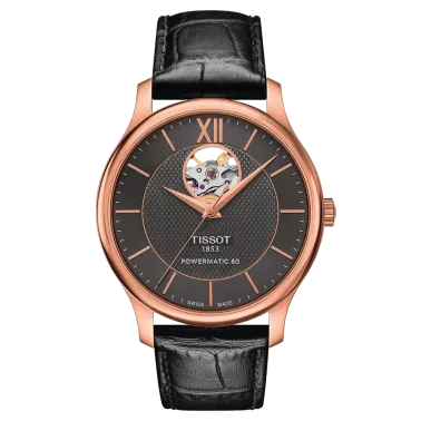 Montre Tissot T-Classic Tradition Powermatic 80 Open Heart bracelet cuir noir 40 mm T063.907.36.068.00