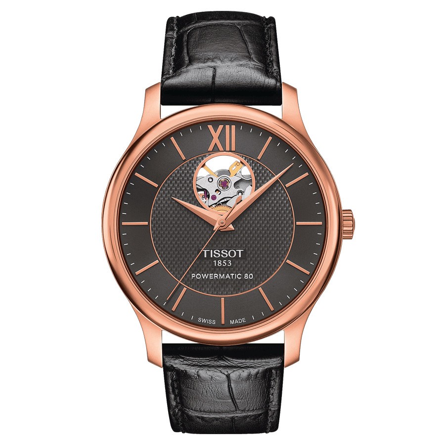 Montre Tissot T-Classic Tradition Powermatic 80 Open Heart bracelet cuir noir 40 mm T063.907.36.068.00