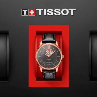 Montre Tissot T-Classic Tradition Powermatic 80 Open Heart bracelet cuir noir 40 mm T063.907.36.068.00