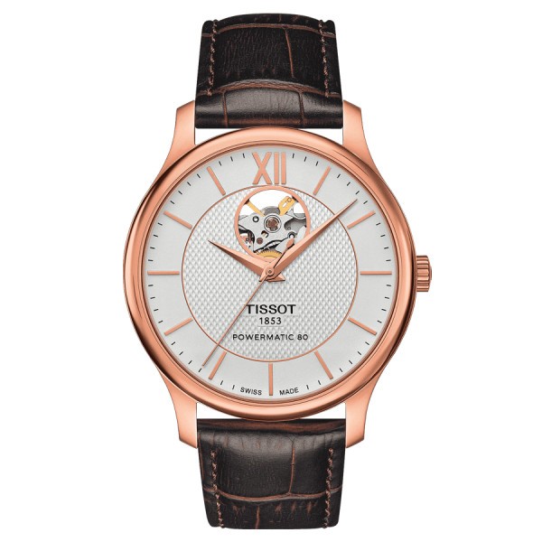 Tissot T-Classic Tradition Powermatic 80 Open Heart watch steel PVD rose gold dial silver brown leather strap 40 mm