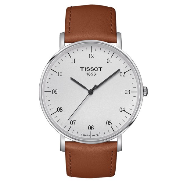 Montre Tissot T-Classic Everytime Big Gent quartz cadran argent bracelet cuir miel 42 mm