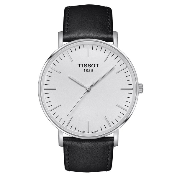 Montre Tissot T-Classic Everytime Big Gent quartz cadran argent bracelet cuir noir 42 mm