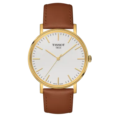 Montre Tissot T-Classic Everytime Gent quartz cadran argent bracelet cuir miel 38 mm