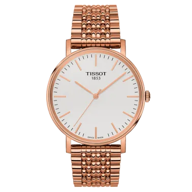 Montre Tissot T-Classic Everytime Gent quartz cadran argent bracelet acier PVD or rose 38 mm