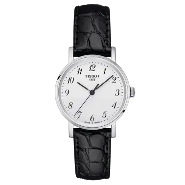 Montre Tissot T-Classic Everytime Lady quartz cadran argent bracelet cuir noir 30 mm