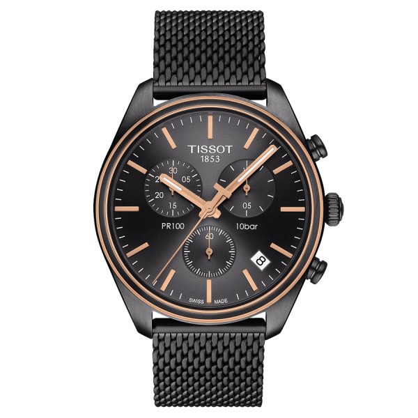 Montre Tissot T-Classic PR 100 quartz chronographe cadran anthracite bracelet maille milanaise 41 mm