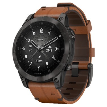 Garmin Epix (Gen 2) Sapphire Titanium DLC black watch brown leather strap 47 mm