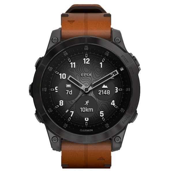 Garmin Epix (Gen 2) Sapphire Titanium DLC black watch brown leather strap 47 mm