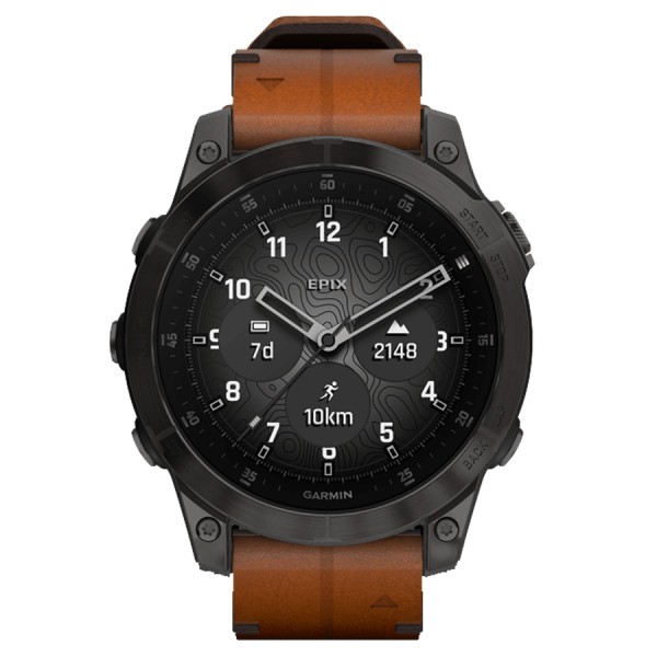 Montre Garmin Epix (Gen 2) Sapphire Titane DLC noir bracelet cuir marron 47 mm 010-02582-30