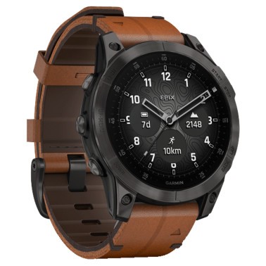 Montre Garmin Epix (Gen 2) Sapphire Titane DLC noir bracelet cuir marron 47 mm 010-02582-30