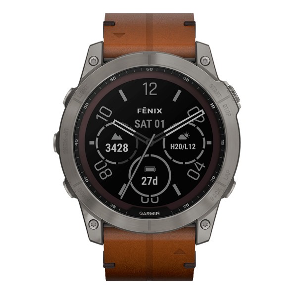 Garmin Fenix 7X Sapphire Solar Titanium watch brown leather strap 51 mm