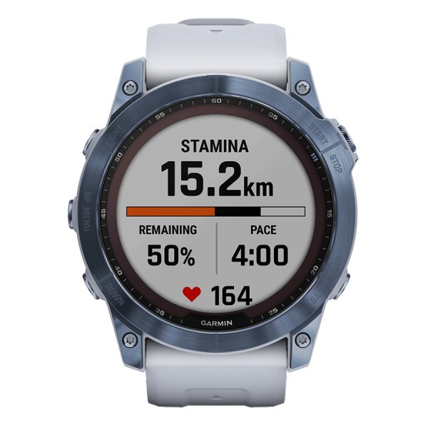 Garmin Fenix 7X Sapphire Solar Titanium Cobalt Blue watch white silicone strap 51 mm