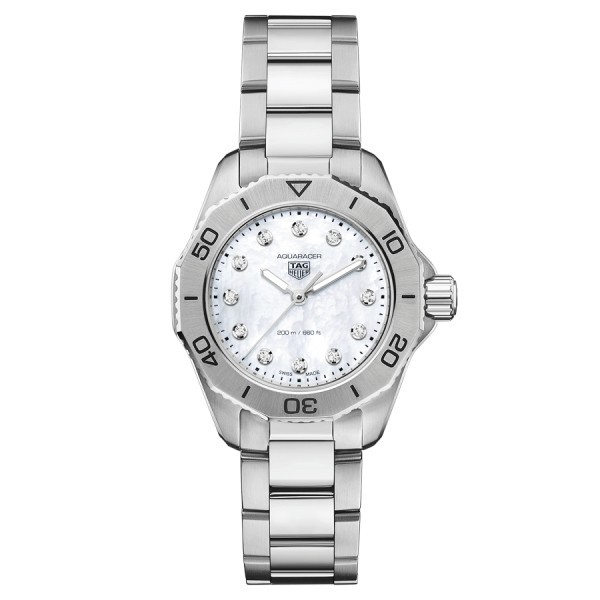 Montre TAG Heuer Aquaracer Professional 200 quartz index diamants cadran nacre blanche bracelet acier 30 mm