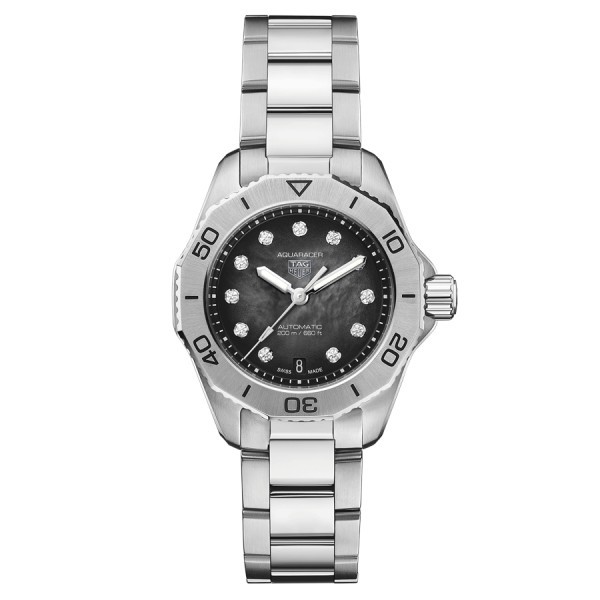 TAG Heuer Aquaracer Professional 200 automatic watch with diamond markers black dial steel bracelet 30 mm WBP2410.BA0622