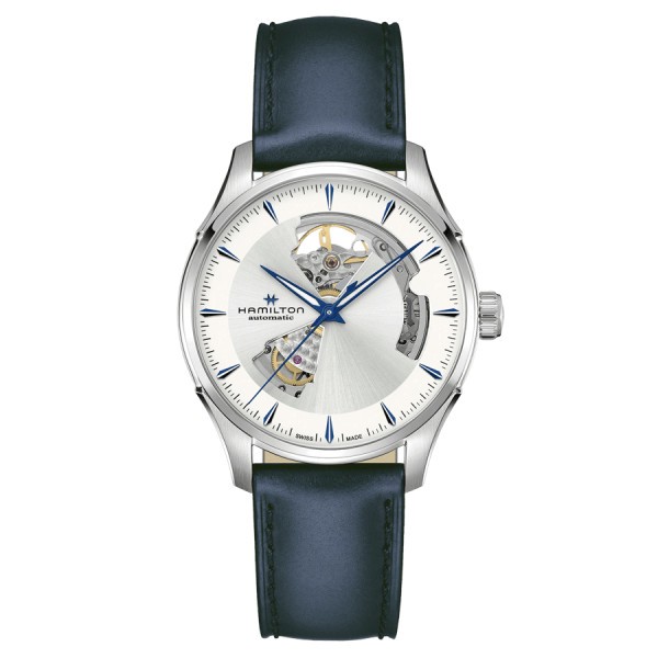 Montre Hamilton Jazzmaster Open Heart Auto cadran argent bracelet cuir bleu 40 mm H32675650