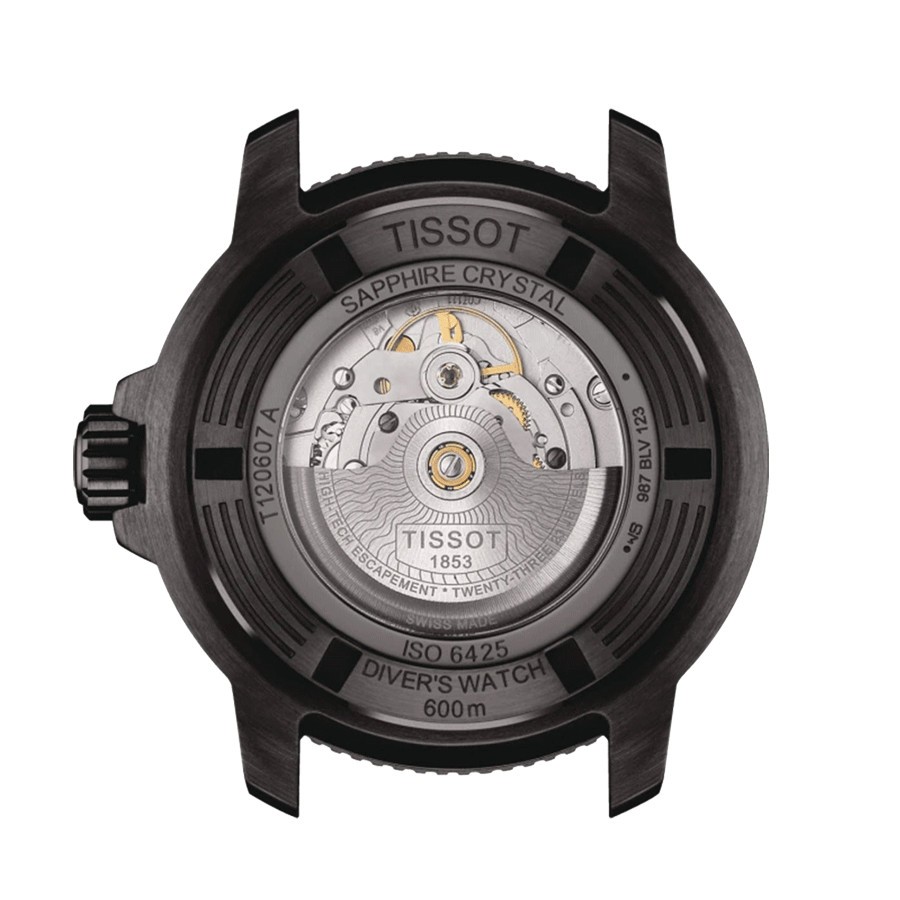 Montre Tissot T-Sport Seastar 2000 Professional Powermatic 80 PVD noir cadran bleu bracelet caoutchouc bleu 46 mm