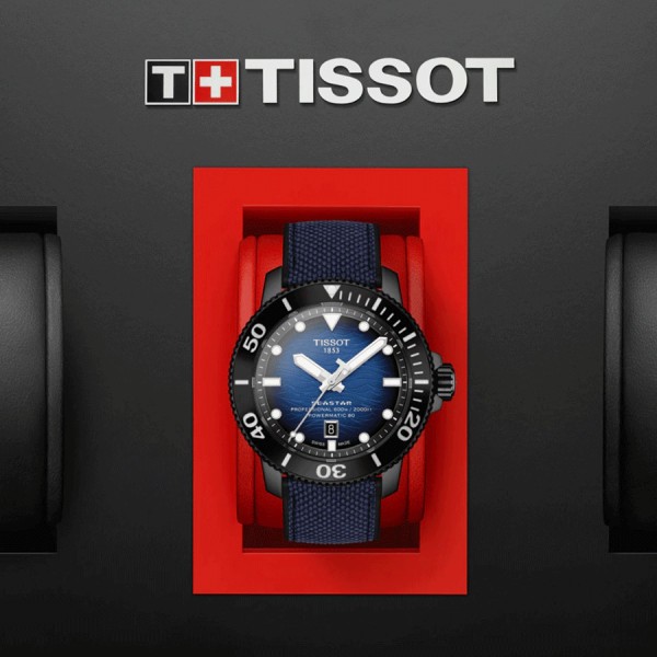 Montre Tissot T-Sport Seastar 2000 Professional Powermatic 80 PVD noir cadran bleu cuir bleu 46 mm T120.607.37.041.00