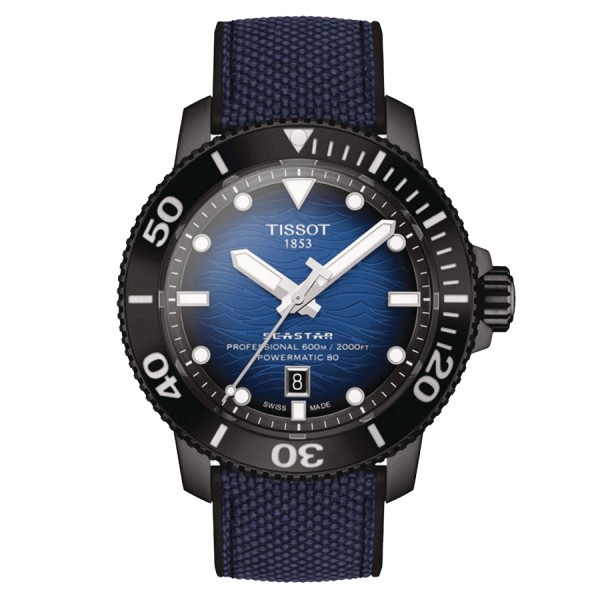 Montre Tissot T-Sport Seastar 2000 Professional Powermatic 80 PVD noir cadran bleu cuir bleu 46 mm T120.607.37.041.00