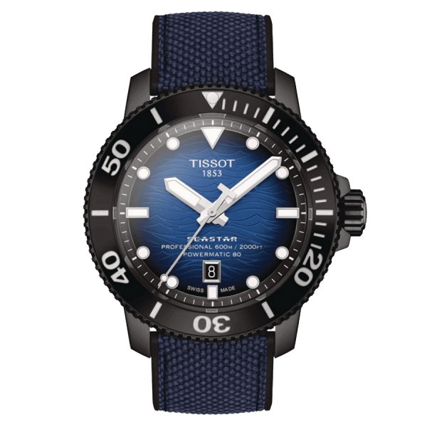 Montre Tissot T-Sport Seastar 2000 Professional Powermatic 80 PVD noir cadran bleu bracelet caoutchouc bleu 46 mm