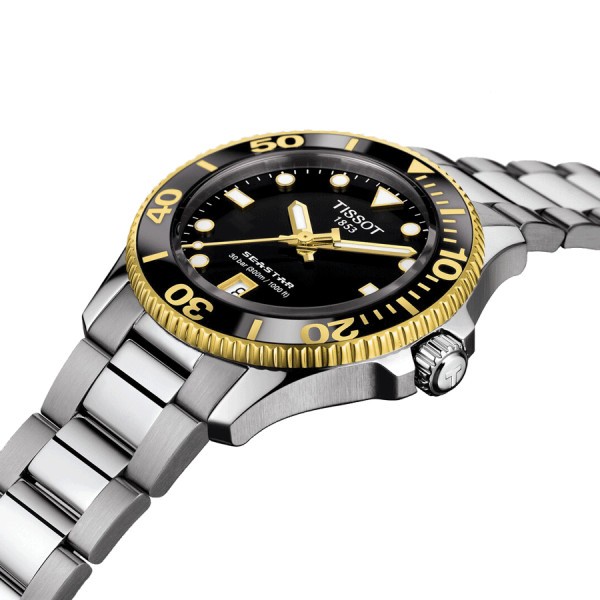 Tissot T-Sport Seastar 1000 quartz PVD Yellow Gold watch black dial steel bracelet 36 mm T120.210.21.051.00