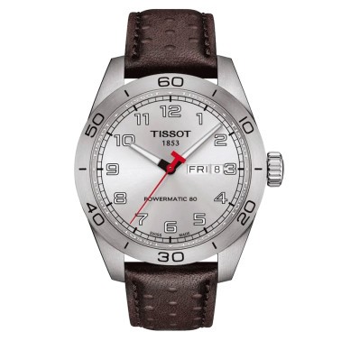 Montre Tissot T-Sport PRS 516 Powermatic 80 cadran argent bracelet cuir brun 42 mm T131.430.16.032.00