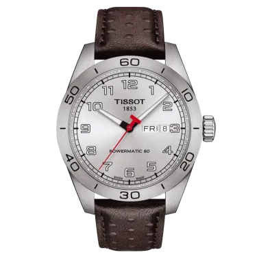 Montre Tissot T-Sport PRS 516 Powermatic 80 cadran argent bracelet cuir brun 42 mm T131.430.16.032.00