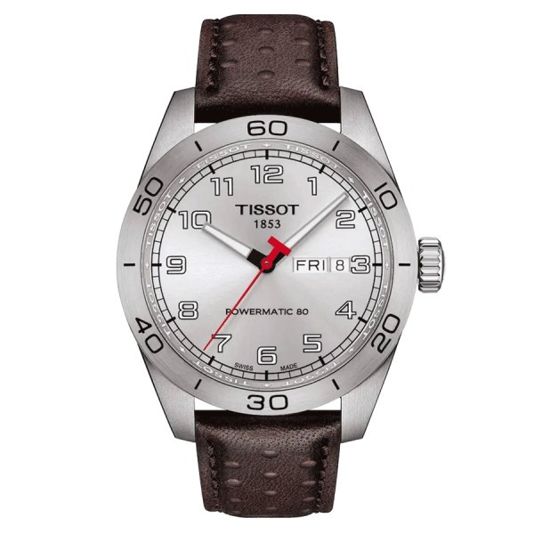 Montre Tissot T-Sport PRS 516 Powermatic 80 cadran argent bracelet cuir brun 42 mm