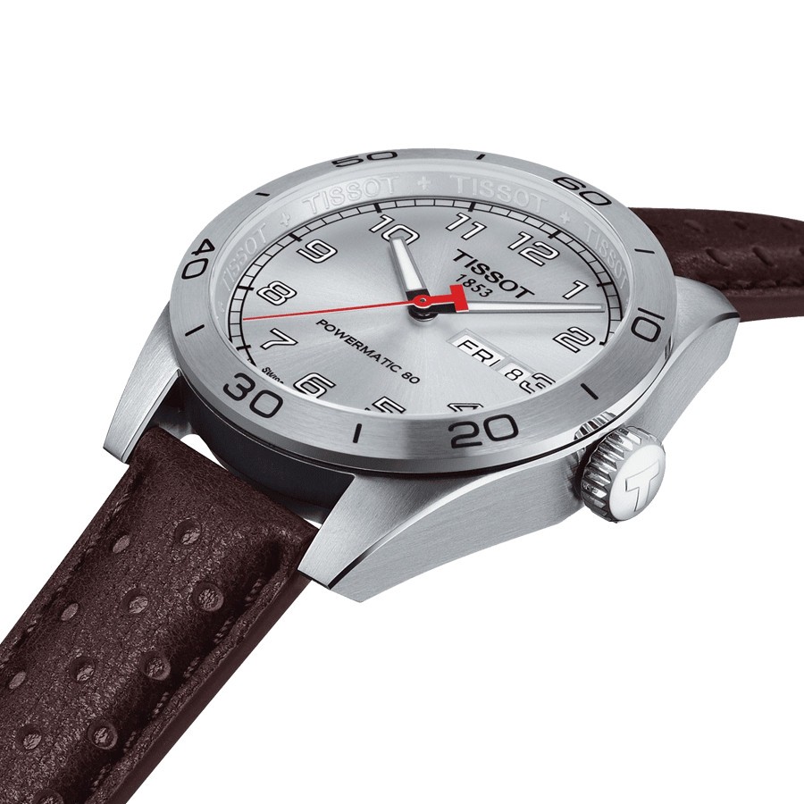Montre Tissot T-Sport PRS 516 Powermatic 80 cadran argent bracelet cuir brun 42 mm T131.430.16.032.00