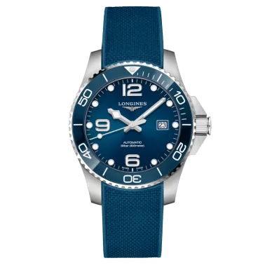 Montre Longines Hydroconquest automatique acier bracelet caoutchouc bleu 43 mm L3.782.4.96.9