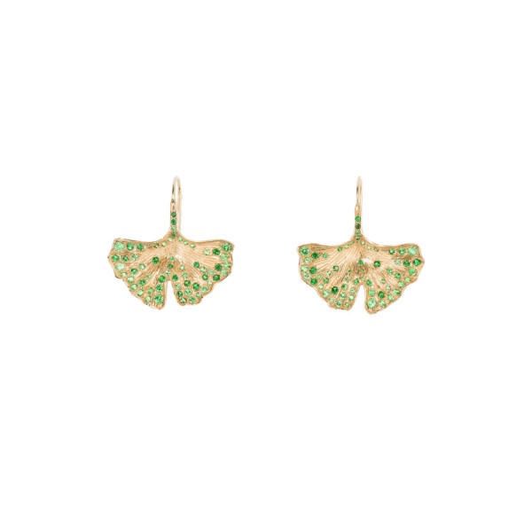 Ginkgo earrings Aurélie Bidermann in yellow gold and tsavorites