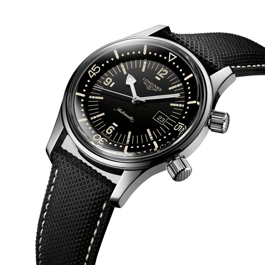 Montre Longines Heritage Diver automatique cadran noir bracelet textile gris 36 mm