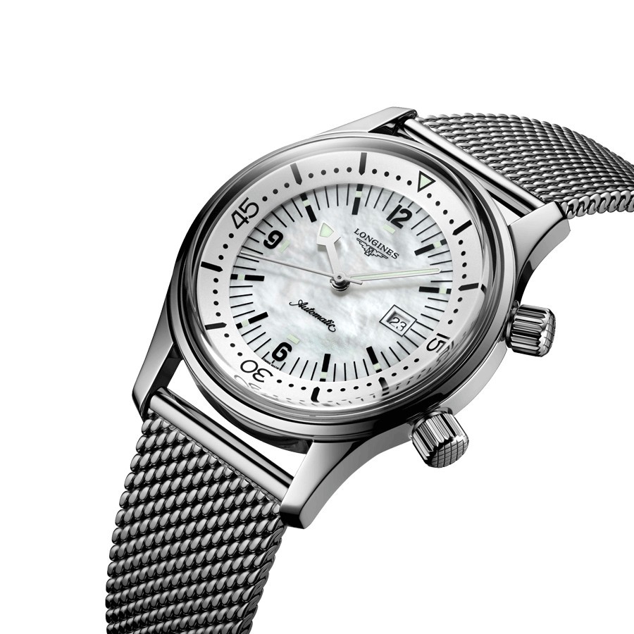 Montre Longines Heritage Diver automatique cadran nacre bracelet maille milanaise 36 mm
