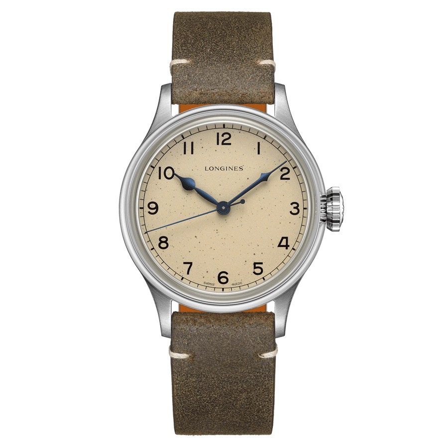 Montre Longines Heritage Military automatique cadran beige bracelet cuir sable 38,5 mm