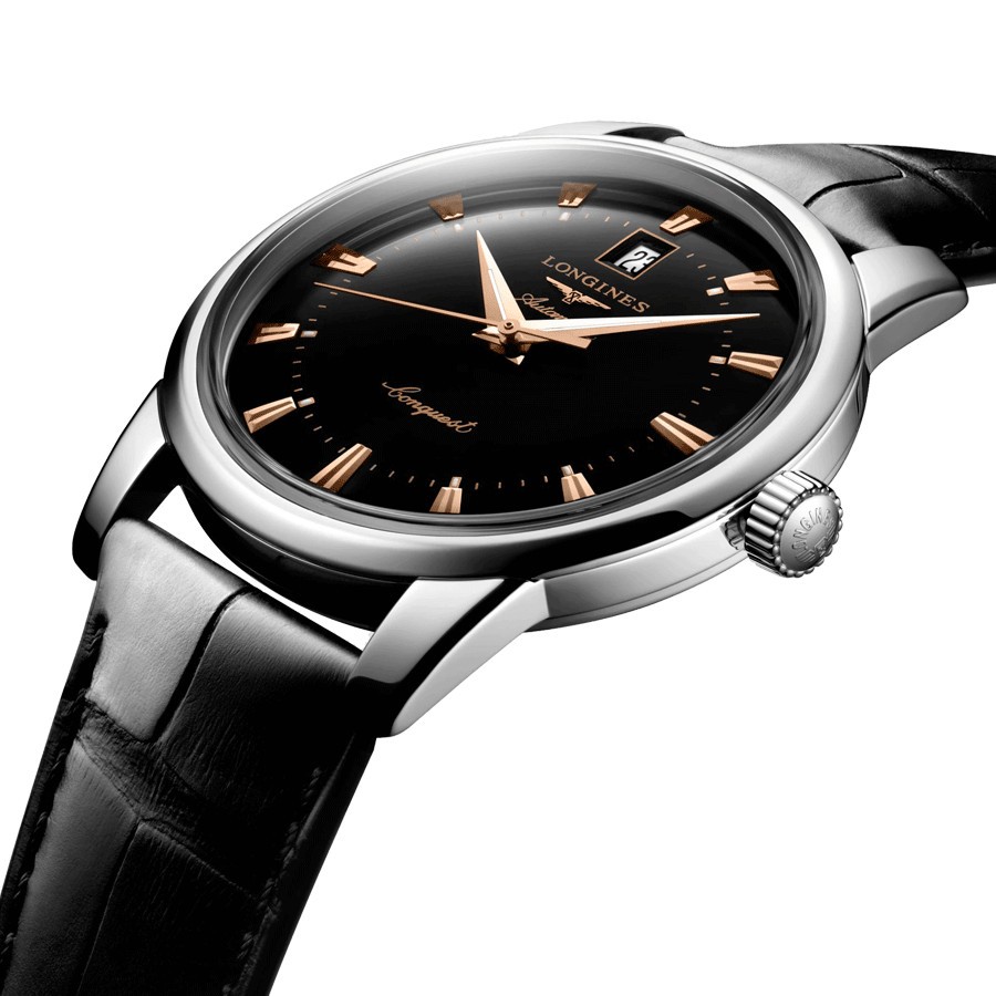 Montre Longines Conquest Heritage automatique cadran noir bracelet croco noir 40 mm L1.645.4.52.4