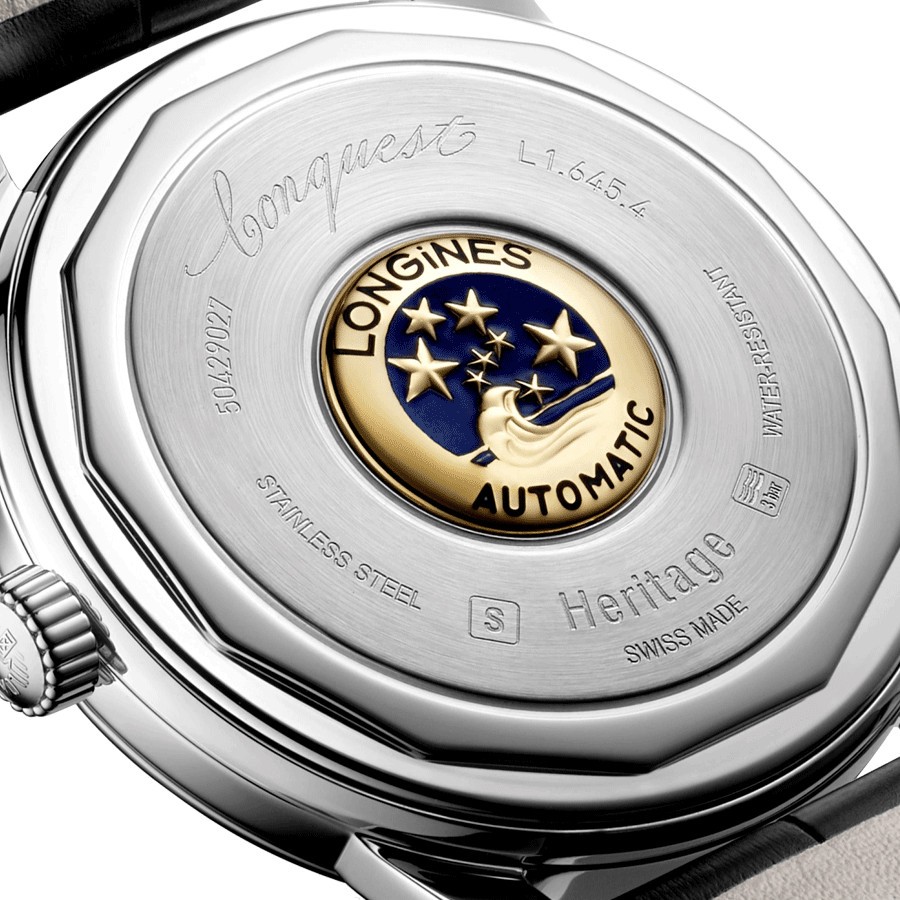 Montre Longines Conquest Heritage automatique cadran noir bracelet croco noir 40 mm L1.645.4.52.4