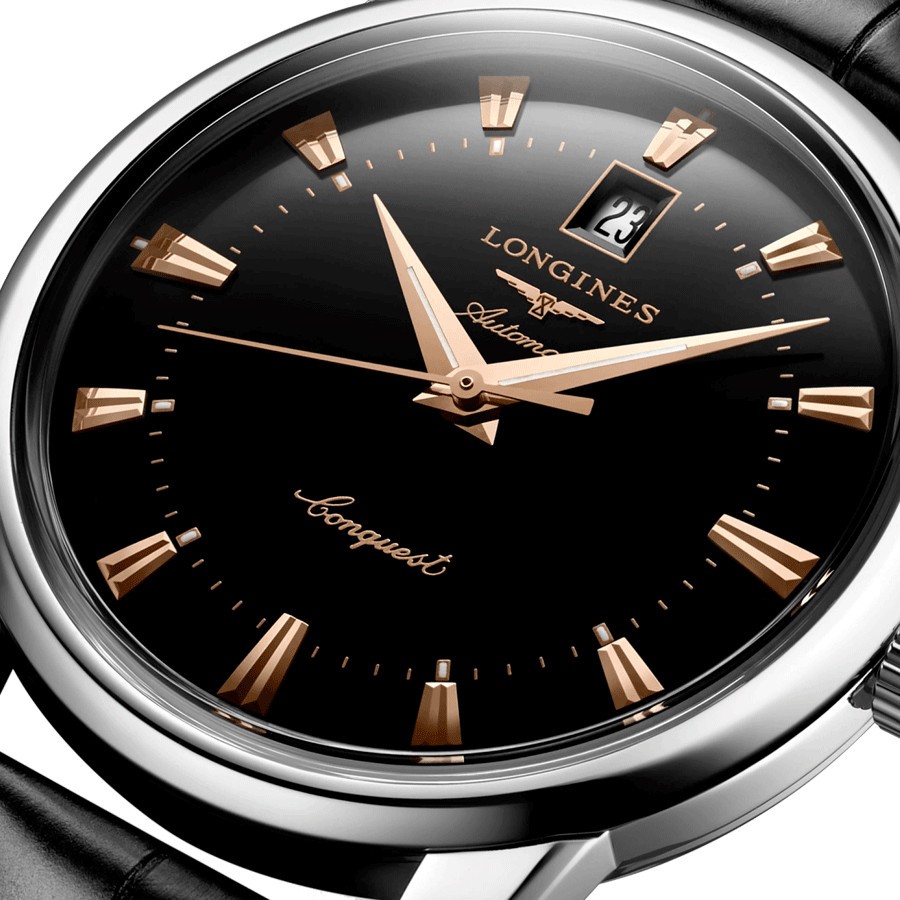 Montre Longines Conquest Heritage automatique cadran noir bracelet croco noir 40 mm L1.645.4.52.4