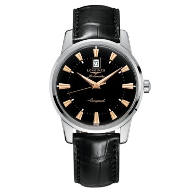 Montre Longines Conquest Heritage automatique cadran noir bracelet croco noir 40 mm L1.645.4.52.4