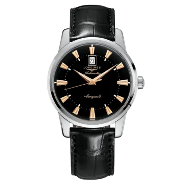 Montre Longines Conquest Heritage automatique cadran noir bracelet croco noir 40 mm L1.645.4.52.4