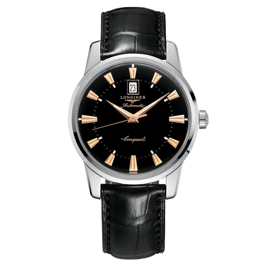 Montre Longines Conquest Heritage automatique cadran noir bracelet croco noir 40 mm L1.645.4.52.4