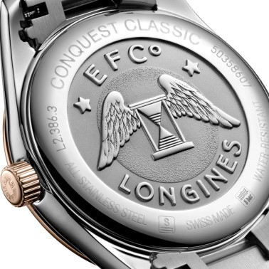 Longines Conquest Classic quartz watch blue dial two-tone bracelet 34 mm