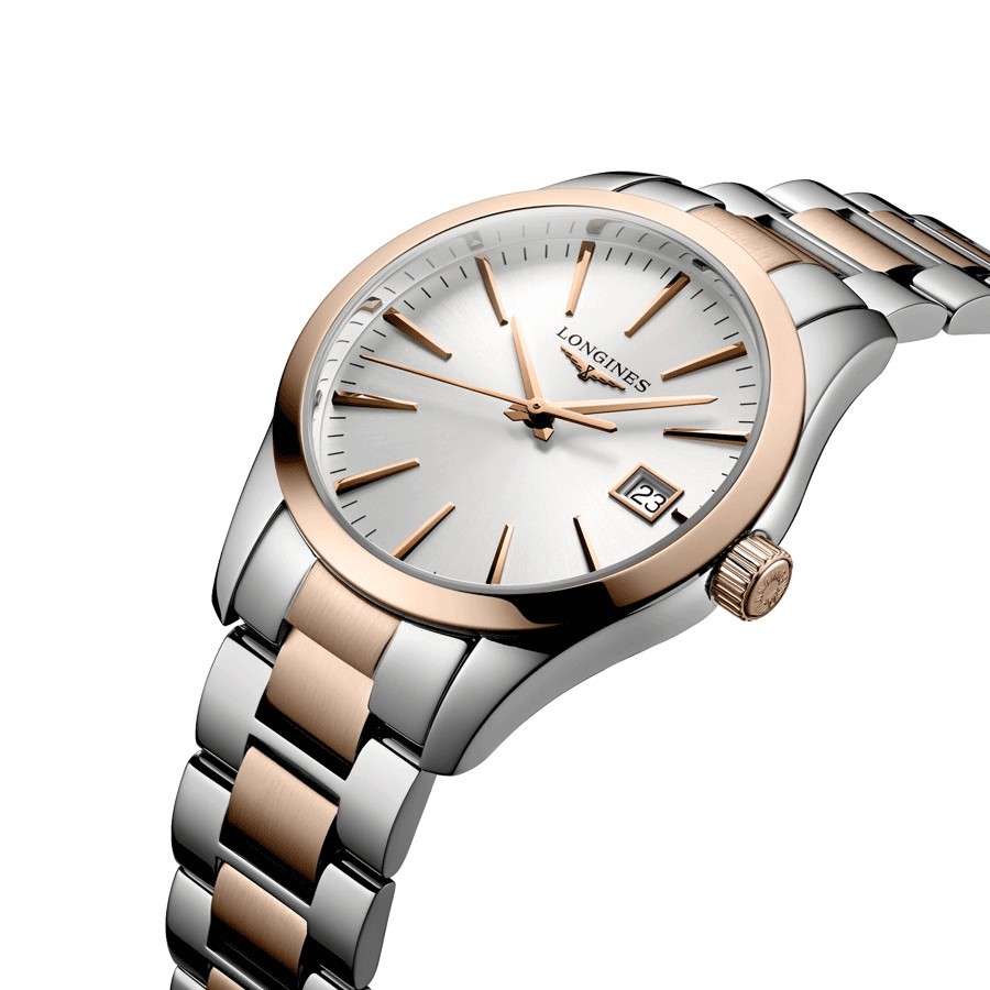 Longines Conquest Classic quartz watch silver dial two-tone bracelet 34 mm