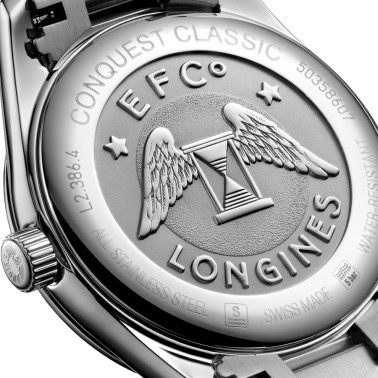 Longines Conquest Classic quartz watch black mother-of-pearl dial diamond markers steel bracelet 34 mm