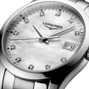 Montre Longines Conquest Classic quartz cadran nacre blanche bracelet acier 34 mm L2.386.4.87.6