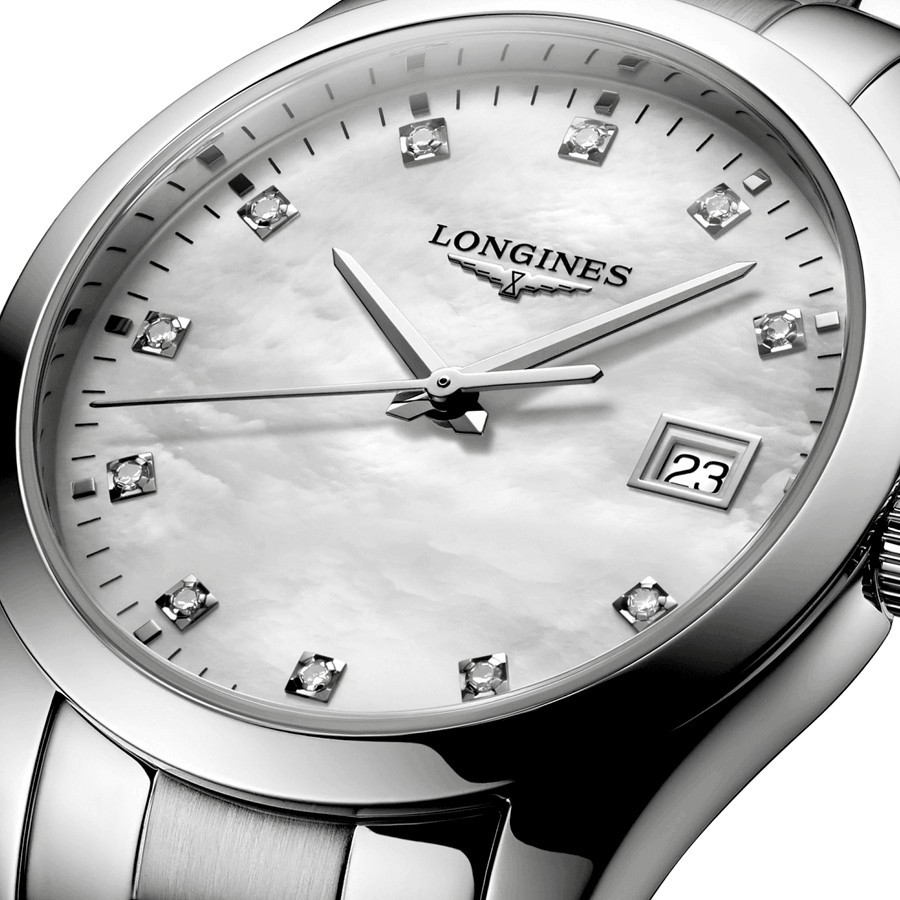 Montre Longines Conquest Classic quartz cadran nacre blanche bracelet acier 34 mm L2.386.4.87.6