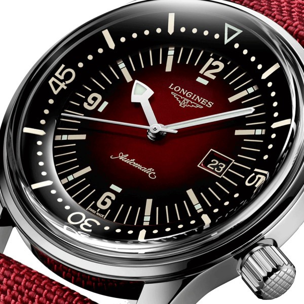 Longines Legend Diver automatic watch burgundy dial burgundy synthetic strap 36 mm L3.374.4.40.2