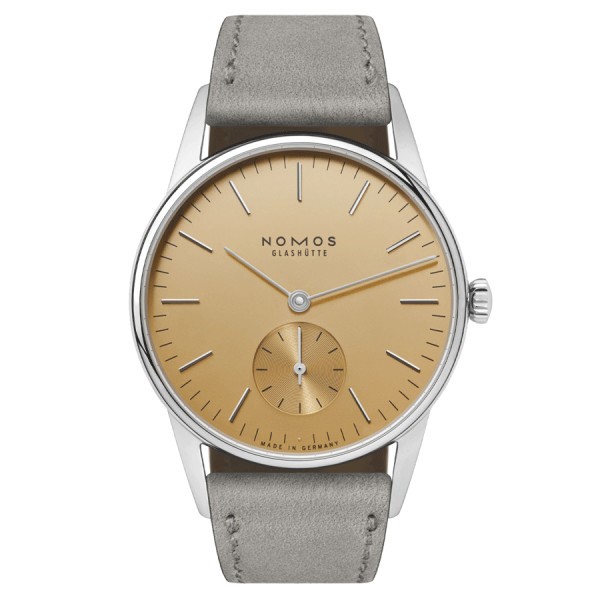 NOMOS Orion 33 Gold mechanical watch transparent sapphire back gold dial grey leather strap 32,8 mm 359